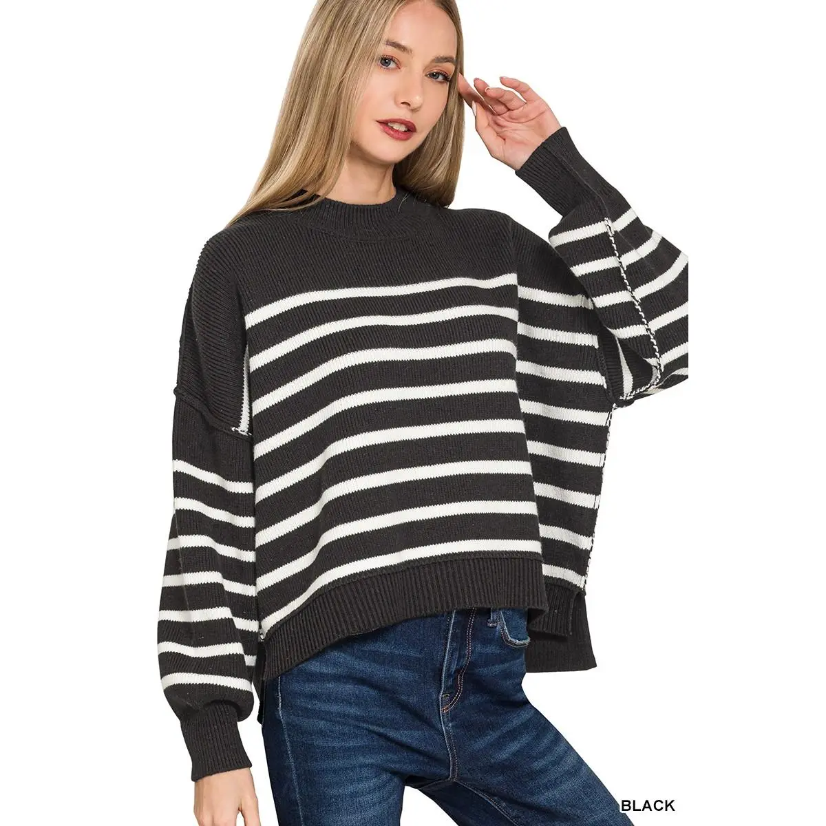 Zenana Exposed Seam Striped Oversized Sweater