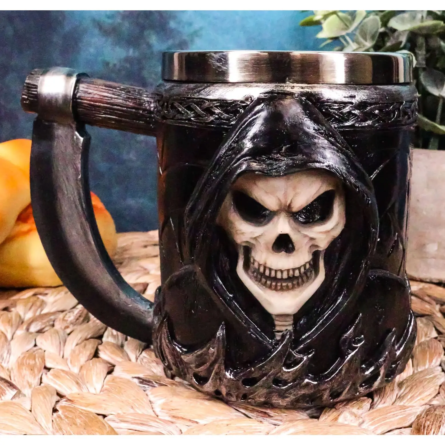 Stainless Steel Skeleton Ghost Grim Reaper With 5.5" Long Scythe Drink Tankard - 4" Tall, 4" Diameter Ghost Mug, Ebros Gift Exclusive Funny Coffee Beer Cup