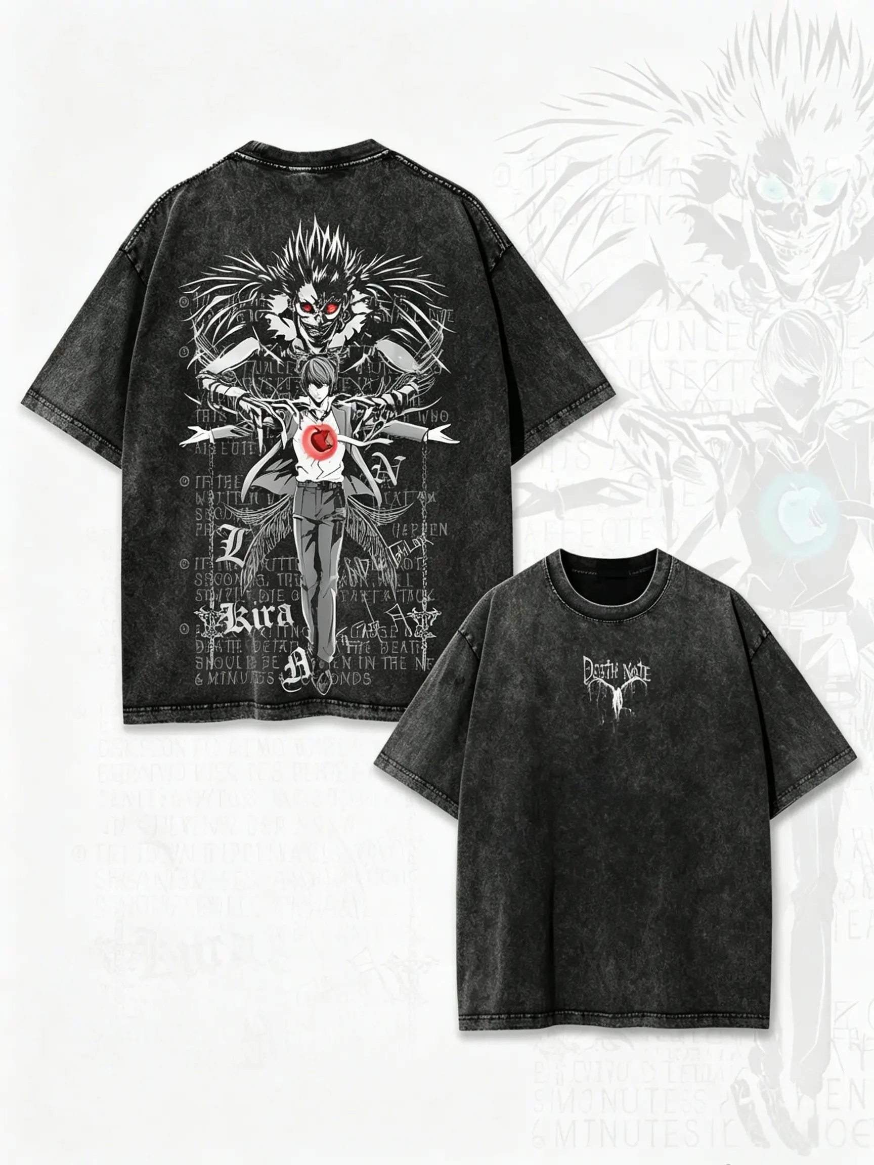 Men's 100% Cotton Vintage Washed Black Round Neck Oversized Medium Length Shortsleeve Casual Tshirt - Double-Sided Death Note Ryuk Light Yagami Gothic Bold Anime Graphic Tee, Menswear Top for Manga Otaku Fans, Multi-Size