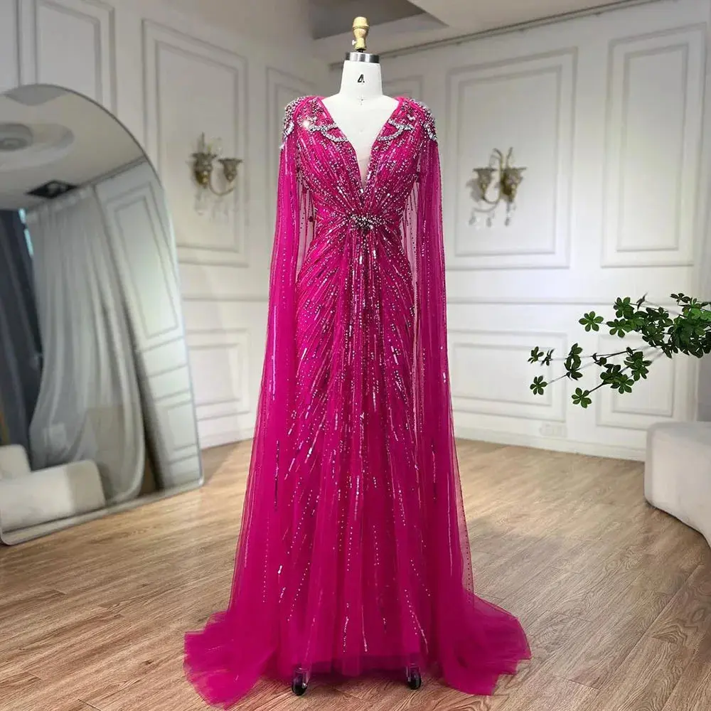 Arabic Turquoise Mermaid Evening Dress 2025 with Beaded Cape Sleeves, Elegant Luxury - Ideal for Women's Wedding Party