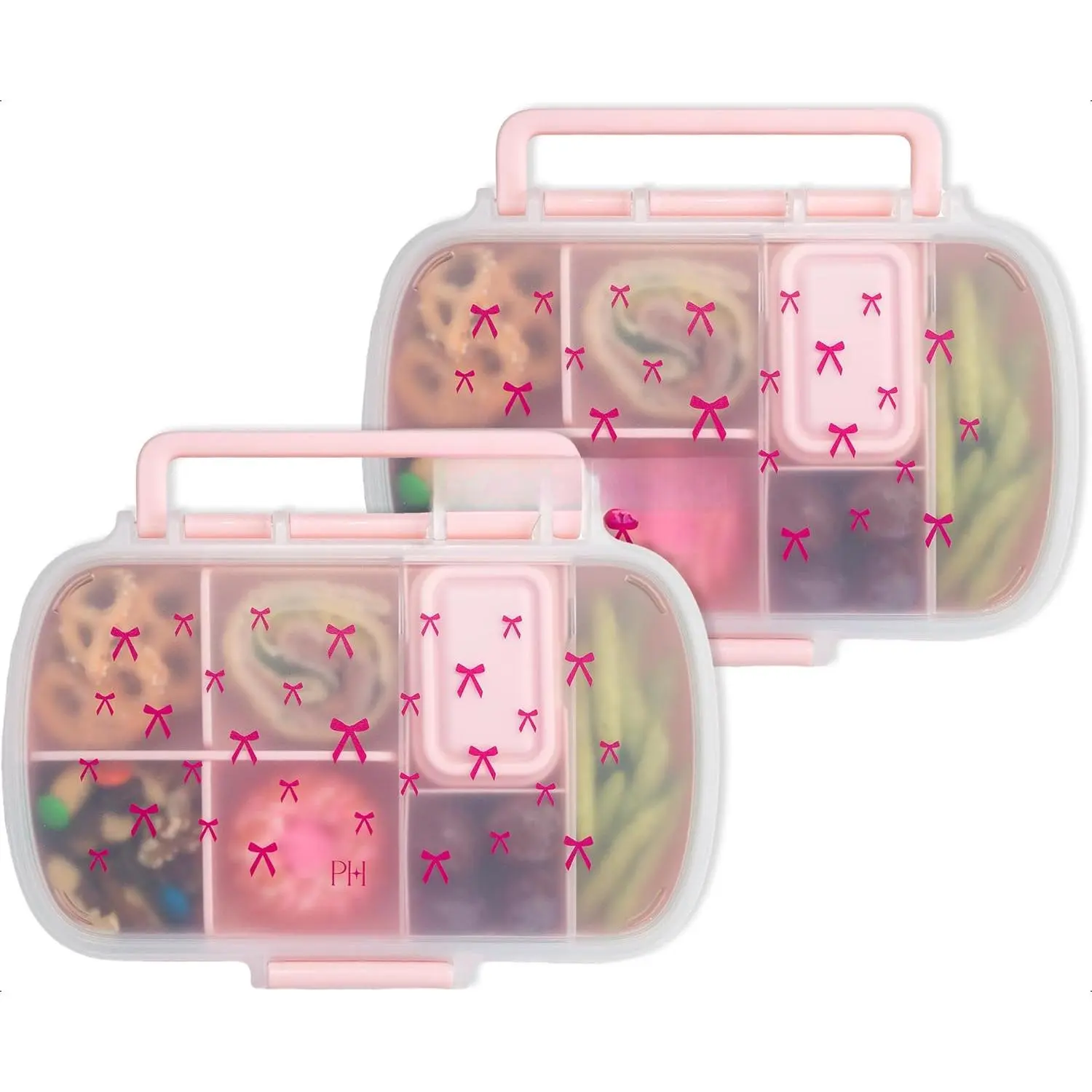 Pink Bow Print Bento Lunch Food Containers with Lid, Built-In Phone Stand, Removable Dividers, Dip Containers, Tableware Lunchboxset