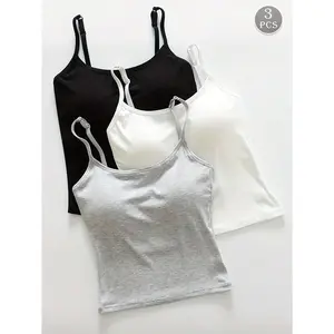 3-Pack Women’s Plain Ribbed Camisoles with Padded Bra Tops, Casual Skinny Crop Nightwear, Sleeveless Slim Spaghetti Strap