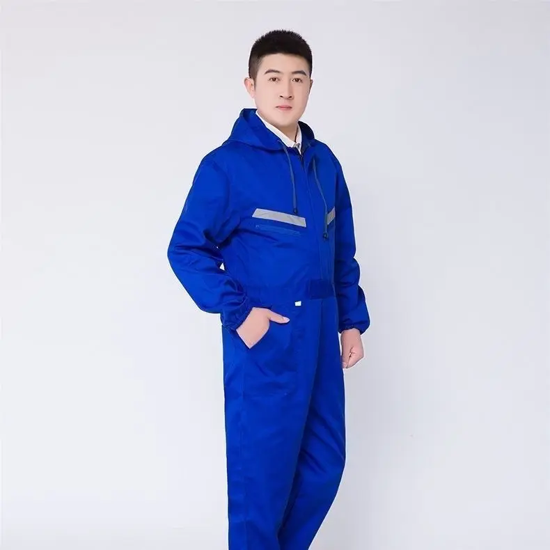 HOMUG men's one-piece work pants set, available in spring and summer styles, are durable and breathable, equipped with Velcro and zippers. Suitable for mechanical maintenance, auto repair, paint factories, and shop work. Ideal for workwear and autumn outf