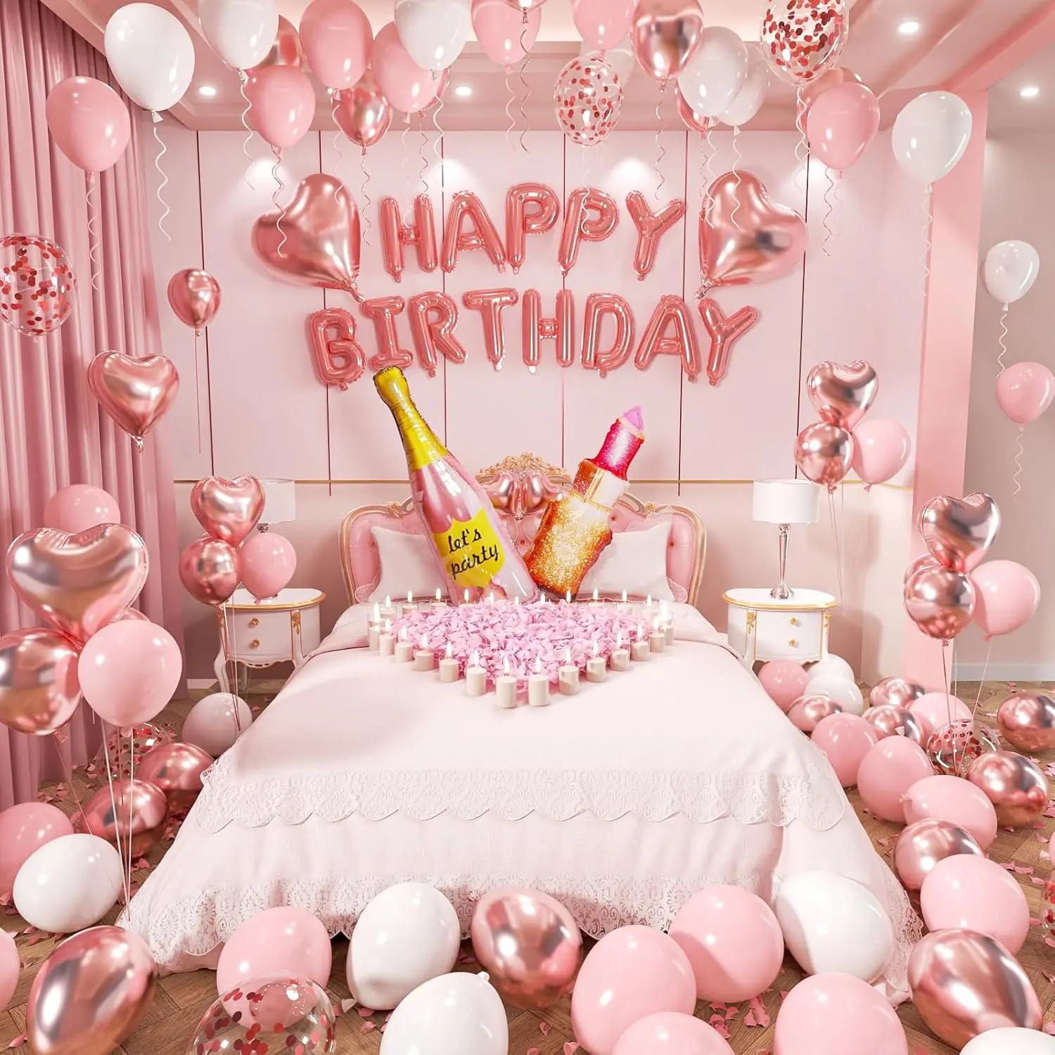 Rose Gold Happy Birthday Kit for Women Pink Balloons, Champagne Bottle & Heart-Shaped Decor