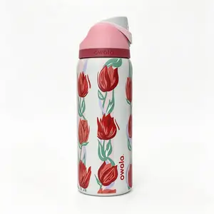 Owala 32oz Floral Red Tulip Print Stainless Steel Water Bottle - Leak-Proof Insulated Vacuum Flask, Anti-Scalding Heat-Resistant Portable Drinkware for Students