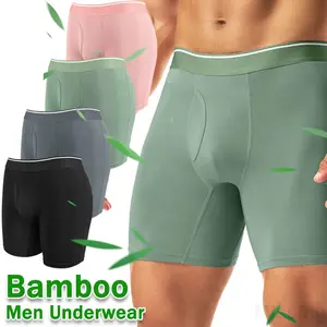 Men's Boxer Briefs 4 Pack, Solid Color Long Leg Underwear in Soft Bamboo Viscose Fabric with 3D Pouch, Breathable & No Ride-Up