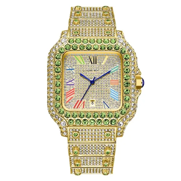 Dayand Night Women's Luxury Square Analog-Digital Quartz Watch, 2025 New Release 42mm, Iced Out Moissanite & Roman Numerals, Gold-Plated, 30M-50M Waterproof, Glow-in-Dark Design