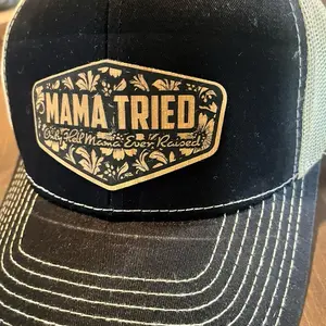 Mama Tried Leather Patch Hat - Second Version with Black and Gray Stripes, "MAMA TRIED" & "City of Philadelphia" Text, Unisex Style