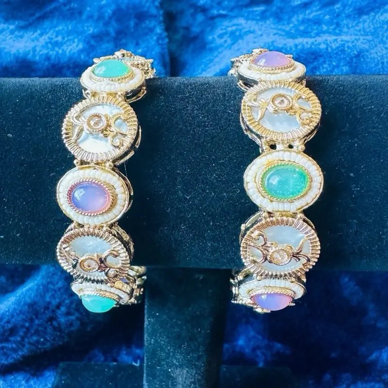 Kada: Gold-Plated Bangles with Pastel Cabochons and Mother-of-Pearl Style Accent