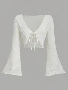 Women's Lace Trim Tie Neck Longsleeves Crop Fitted Sweater Cardigan, Casual Long Sleeve Open Front Crochet Knitting Cardigan for Daily Wear, Ladies Clothes for All Seasons, Tops, Knitwear, Womenswear