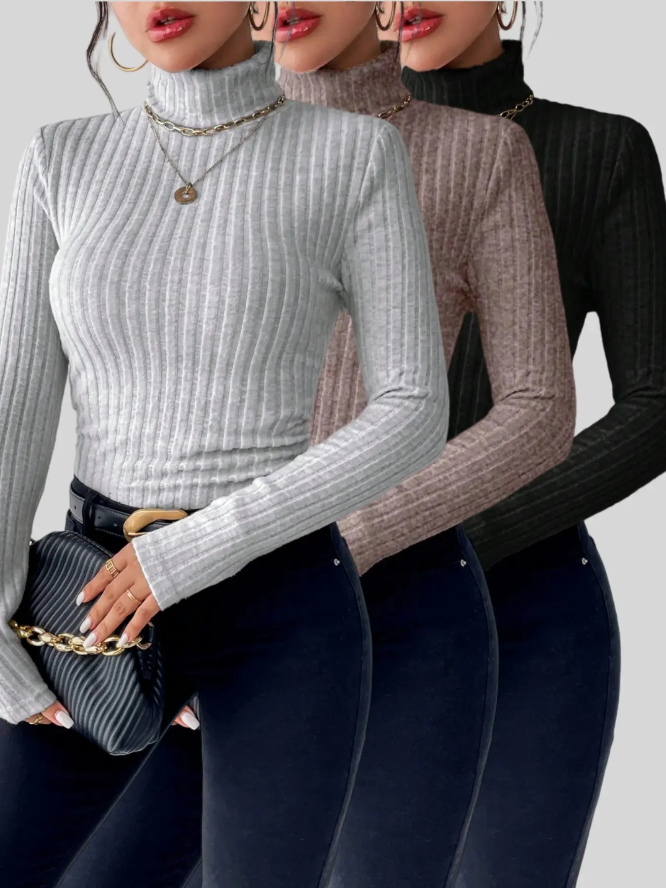 Women's Fall Winter T-Shirt Set, High Neck Fitted Turtleneck Warm Long Sleeve, Soft Comfortable Moderate Thickness Fabric, Must-Have Casual Fit Chic Ladies Clothing for Autumn & Winter, Womenswear Tops, Casual Comfy Clothes