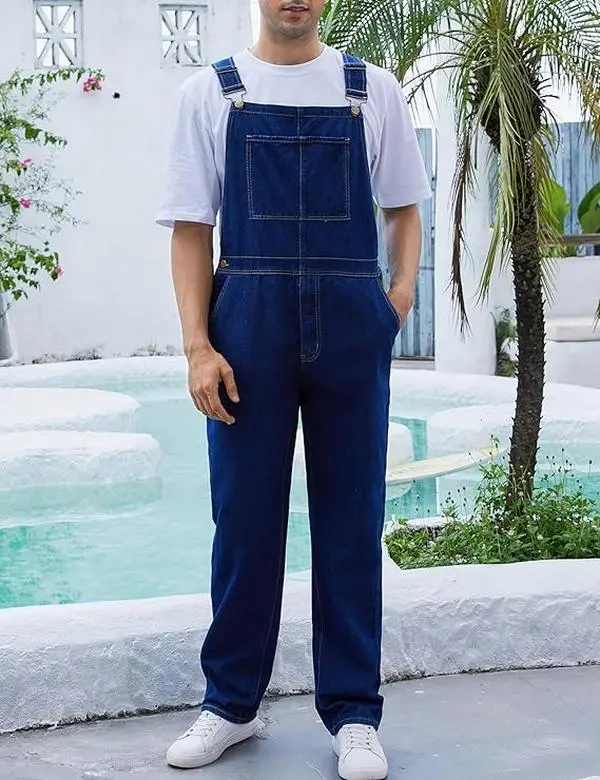 Yuanbang Men's Basic Denim Overalls Adjustable Straps Jumpsuit, Fall Winter Fashion Sleeveless Menswear Bibs Workwear Coveralls with Zipper, Solid Color Strappy One-Piece Outfits