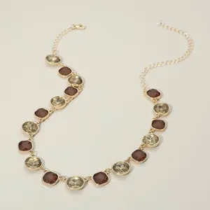 Round Square Stone Bezel Cluster Link Necklace
