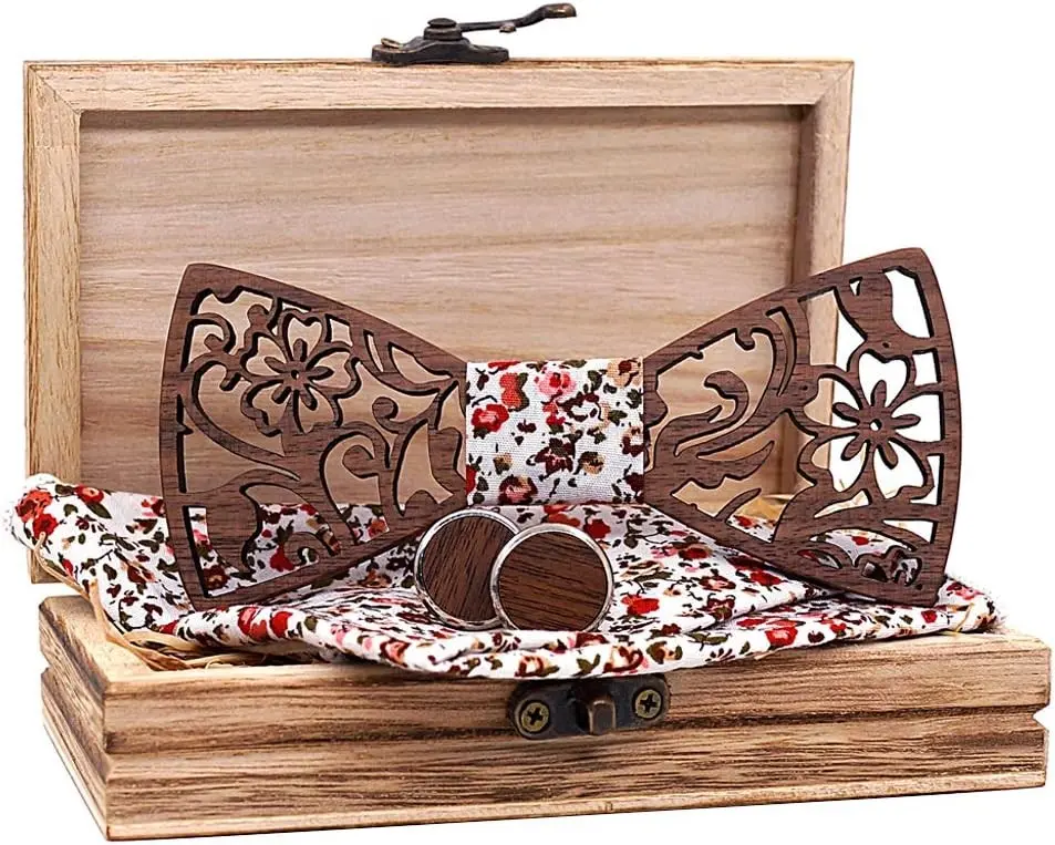 Men's Handcrafted Wood Hollow Cutout Bow Tie Set with Matching Pocket Square, Wooden Cufflinks, Formal Wear Wood Box