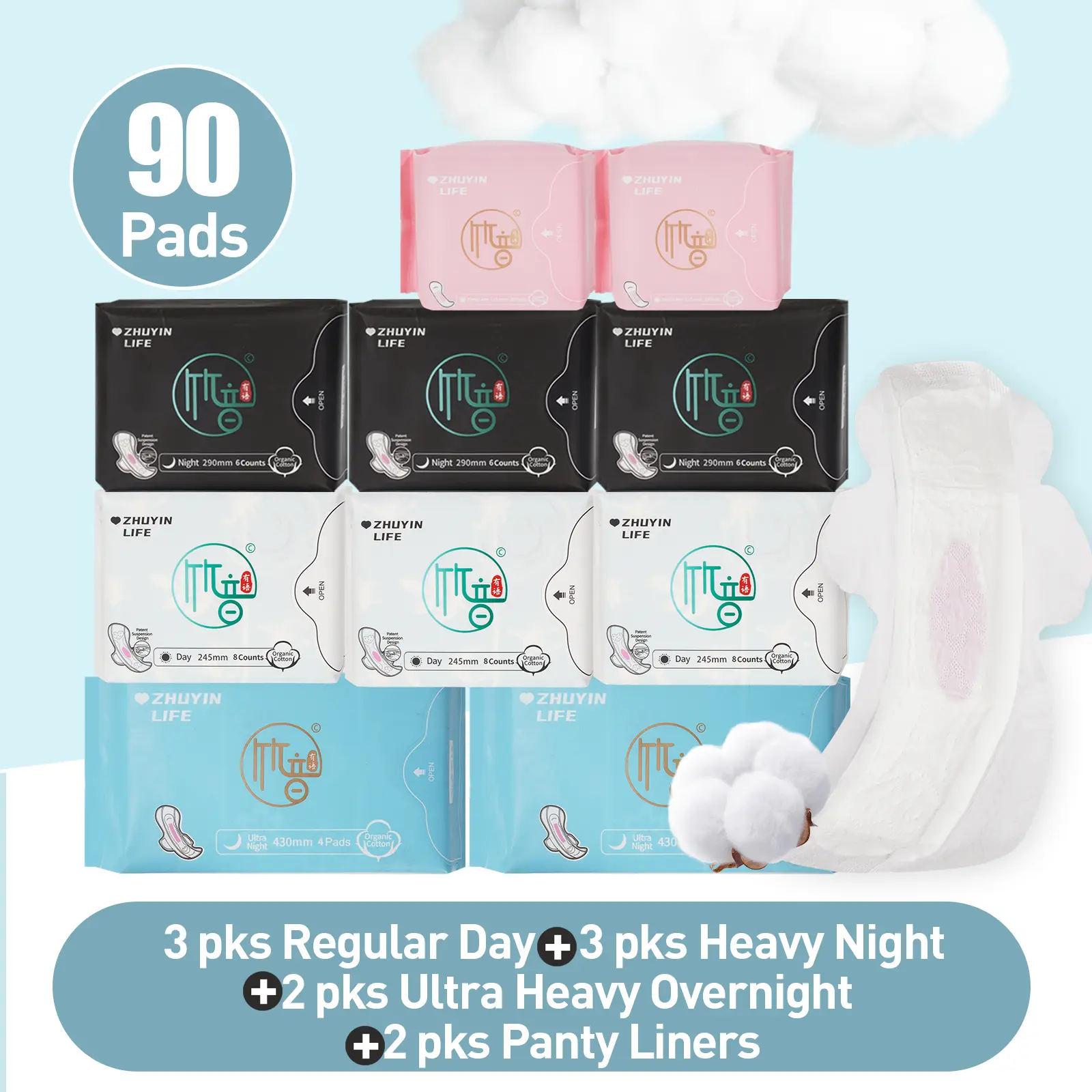 10 Packs/90 Counts Zhuyin Mixed Bundle Sanitary Napkin, Day & Night & Ultra Long & Mini, Organic Cotton Super Absorbency , Daily Regular 245MM, Heavy Night Flow 290mm, Ultra Long 430mm, Mini 155mm, Unscented Menstrual Pads