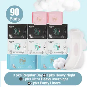 10 Packs/90 Counts Zhuyin Mixed Bundle Sanitary Napkin, Day & Night & Ultra Long & Mini, Organic Cotton Super Absorbency , Daily Regular 245MM, Heavy Night Flow 290mm, Ultra Long 430mm, Mini 155mm, Unscented Menstrual Pads
