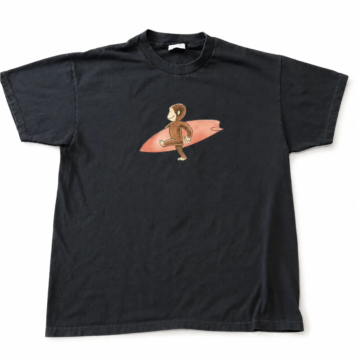 100% CottonCurious Georgee Surfing Graphic T-Shirt – Black Cotton Tee, Cute Cartoon Monkey Shirt, Casual Streetwear Top, shirt, gift Streetwear Retro Cartoon Standard Fit Clothing