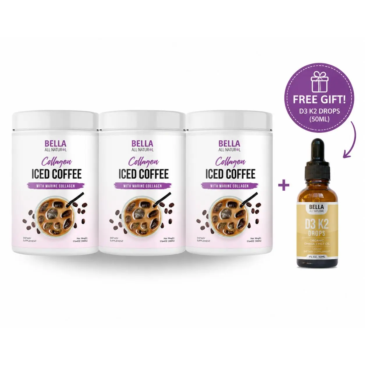 3 Pack Bella All Natural Collagen Iced Coffee + D3 K2 DROPS (FREE GIFT)