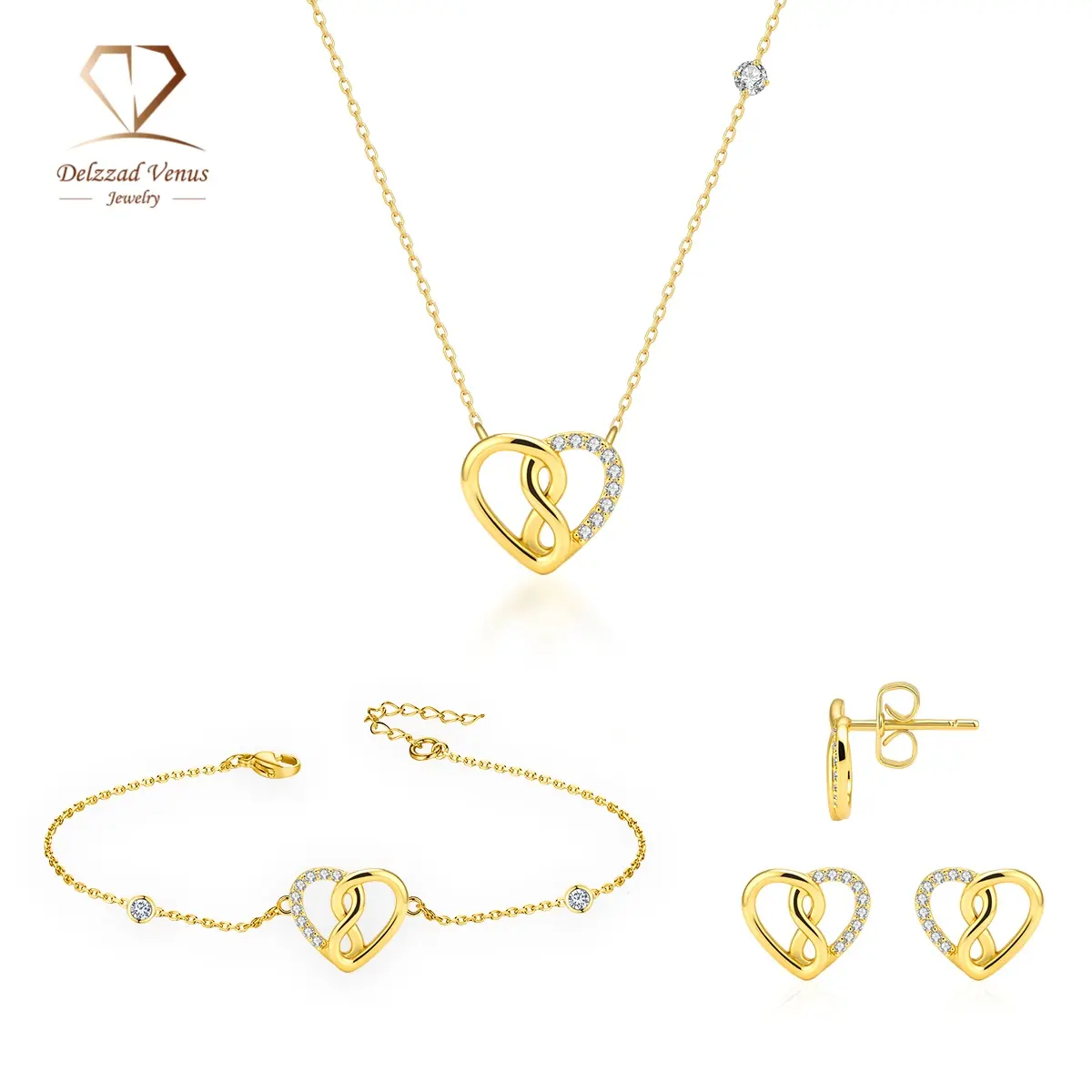 【Infinity Heart Collection】Delzzad Eternal Interlace Jewelry Set Heart Stud Earrings Heart Infinity Necklace Heart Bracelet Synthetic Moissanite Necklace Earrings Bracelet Moissanite Jewelry Set Copper Perfect Birthday Wedding Engagement Anniversary Gift