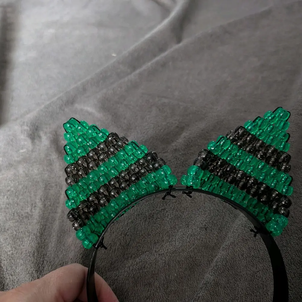 Green & Black Beaded Cat Ears Headband for Festivals & Cosplay Accessories