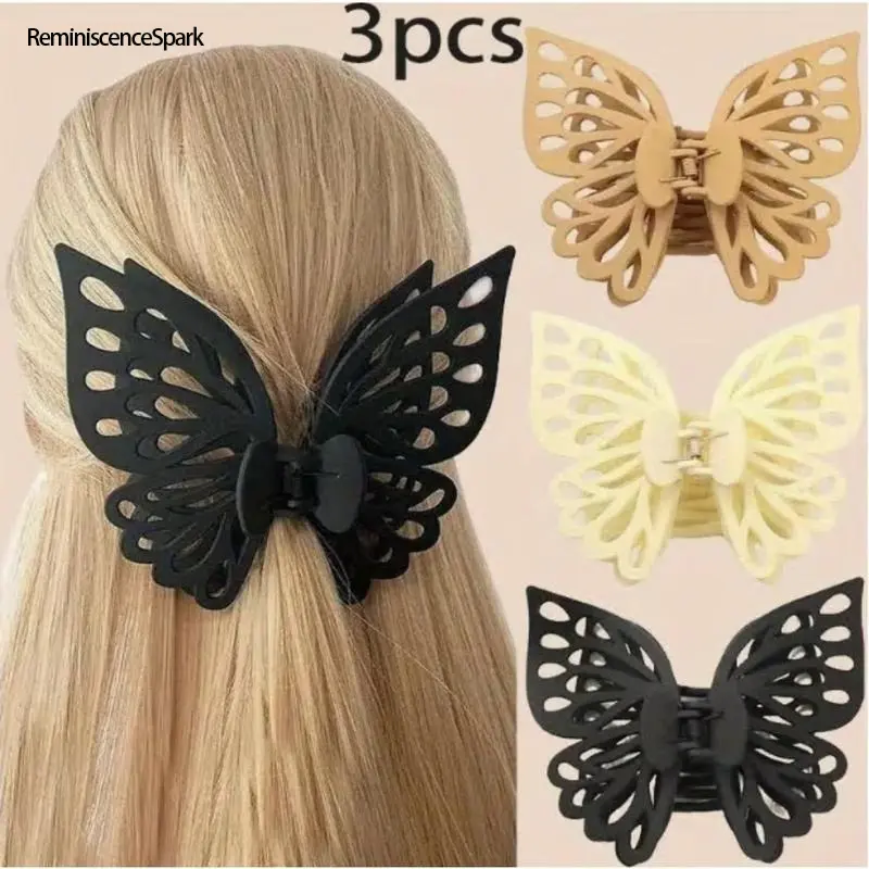 3pcs Minimalist Retro Butterfly Flat Hair Pin Set - Black & Beige Durable Plastic Thick-Hair-Friendly Barrettes for Casual, Special Occasions, Flat Hair Clips