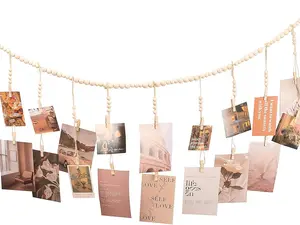 Hanging Photo Display with Clips Boho Wooden Bead Wall Decor Picture Display with 18 Clips