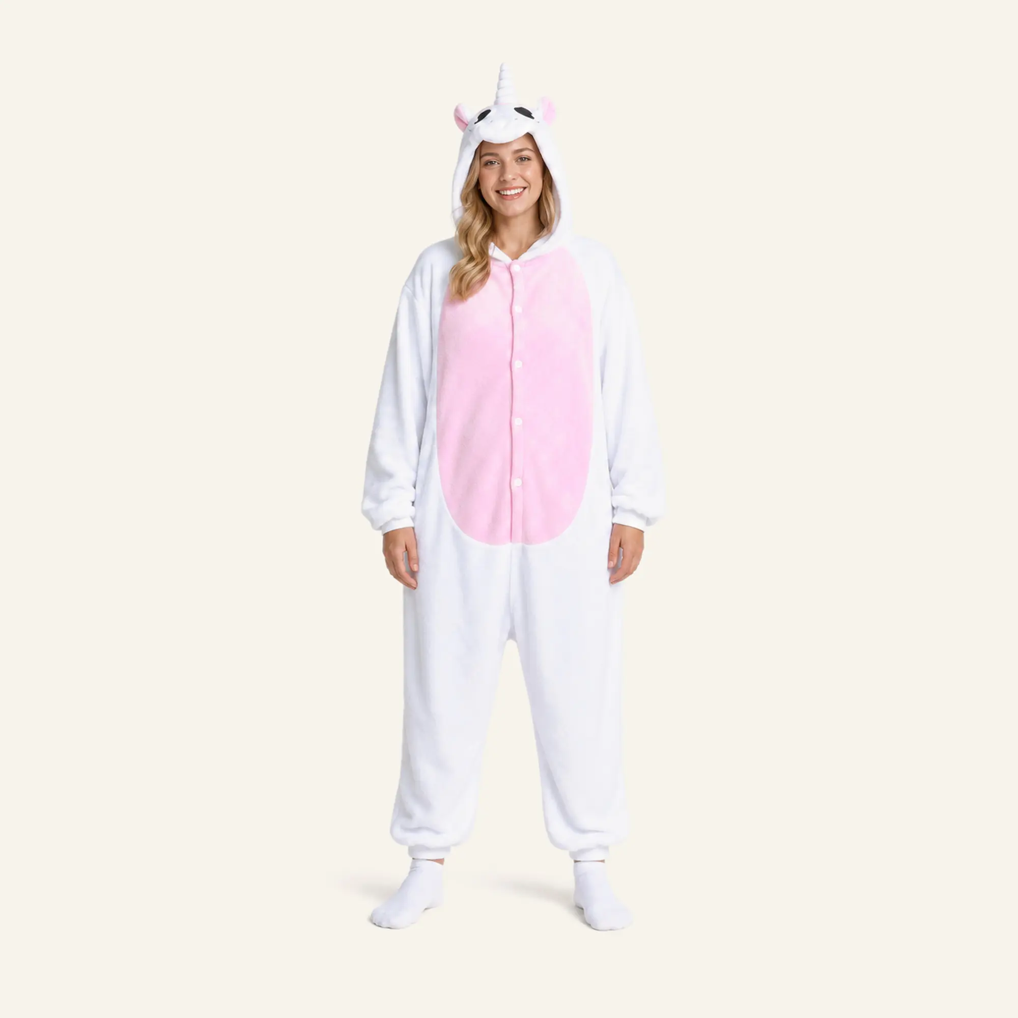 Soft White Unicorn Fleece Fabric Kigurumi Onesie - Comfortable Fit Pajama, Sleepwear & Loungewear Pink Unisex