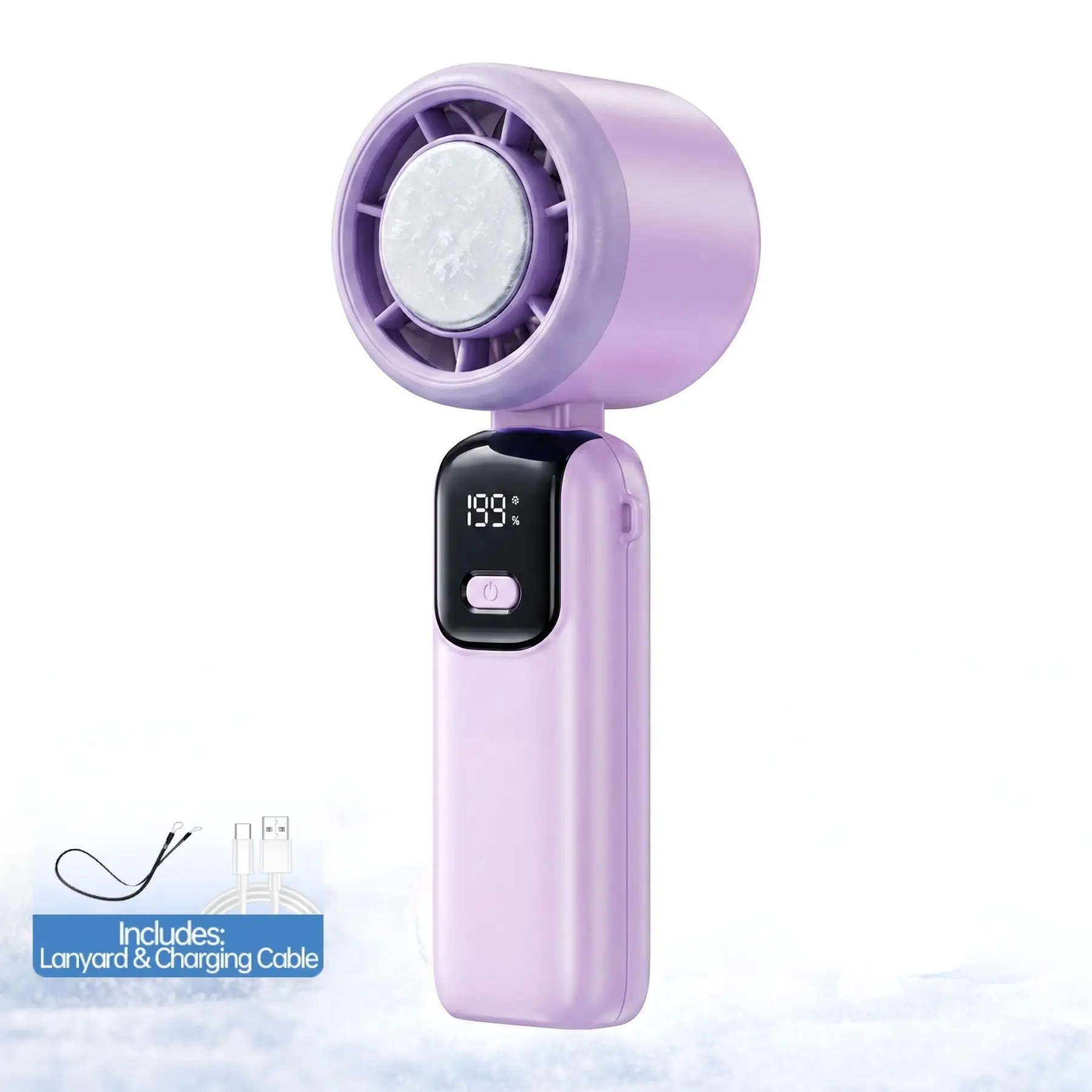 Mini Rechargeable Handheld USB Fan with Ice Cooler, 1-199 Speed Levels, 20000 RPM High Velocity, Collapsible Adjustable, Magnetic, Lightweight, Long-Lasting, LED Display, Charging Cable Included, Purple for Travel-Outdoor Use