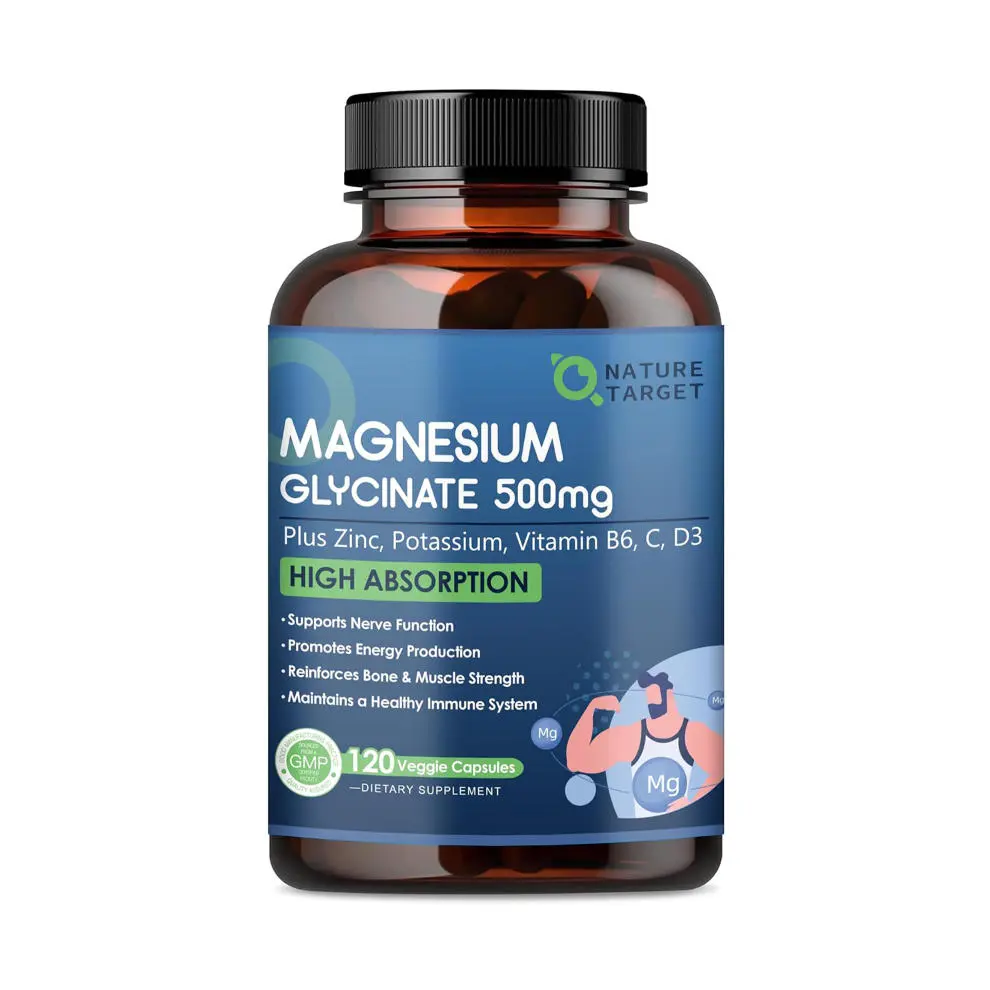 NATURE TARGET Magnesium Glycinate 500mg, Chelated Magnesium with Zinc & Vitamin D3 for Muscle, Nerve & Bone, Support Heart Health & Leg Cramp, Strength Immune System - 120 Capsules