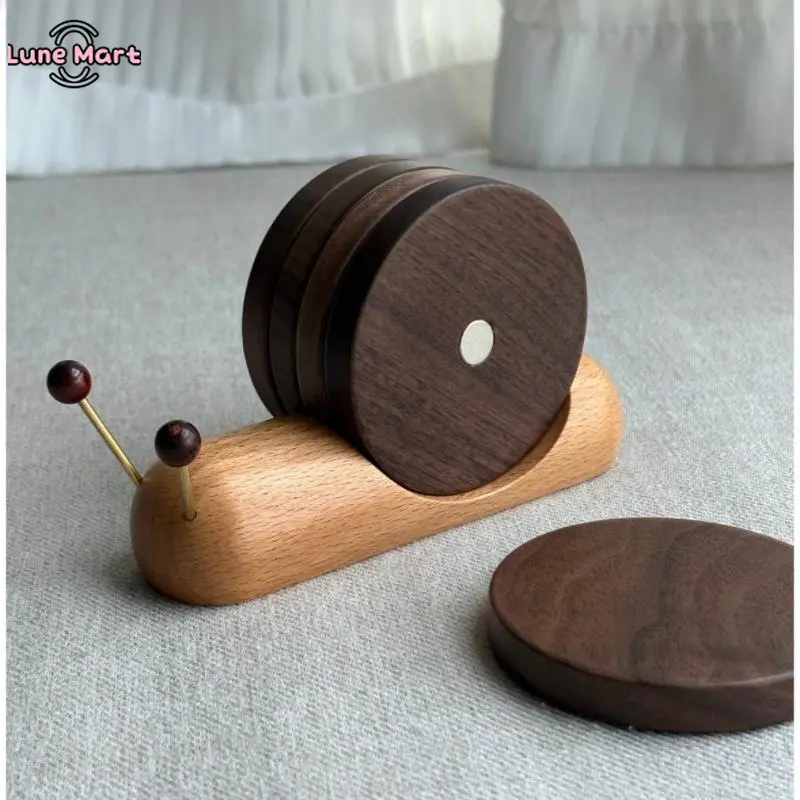 Walnut & Beech Wood Coaster Set in Rustic Snail Shape, Heat-Resistant & Anti-Slip Drink Mats with Holder for Home Decor, Wood Coasters, Snail Shape Coaster