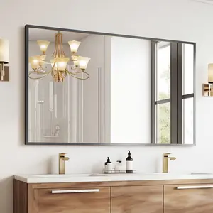 Large Rectangular Bathroom Mirror with Gold/Black Aluminum Alloy Frame, HD Tempered Glass Wall Mirror, Shatter-Proof & Rust-Free, Horizontal/Vertical Hanging for Bathroom, Living Room, Bedroom