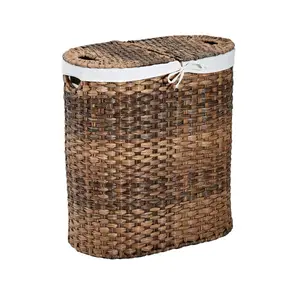 SEVILLE CLASSICS Handwoven Resin-Strands Lidded Oval Double Clothes Storage Basket, Home Organizer Weaving Storage Solution