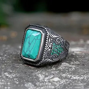 GTHIC Vintage Gemstone Inlaid Stainless Steel Ring Fashion Statement Jewelry for Men Women Daily Wear