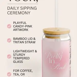 Prettyinpink Glass Sipper with Bamboo Lid & Tritan Straw Candy Pink Artwork for Coffee Tea or Smoothies