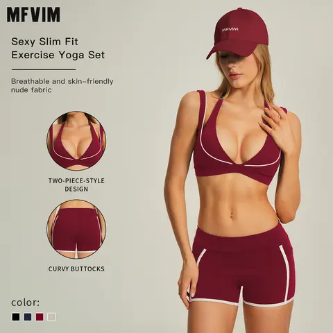 MFVIM Women's 2-Piece Premium Sleeveless Activewear Set - Sport Casual Outfit, Athleisure Bra with Stylish Back, Contrast-Line Nude Shorts, Fitness/Gym Clothes, Outdoor Sports Clothing for Yoga, Running