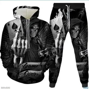 European And American Men's Sports Hoodie, Sweatshirt, Two-piece Set Of Skull Tiger Pattern 3D Suit