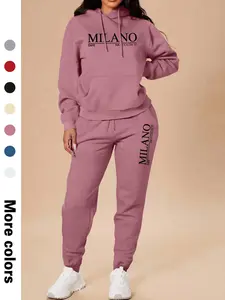 Women's Letter Print Long Sleeve Hoodie & Long Pants Set, Casual Spring Fall, Fitted Regular Length, Pocket Design, Home & Outdoor Wear, Casual Loungewear Set