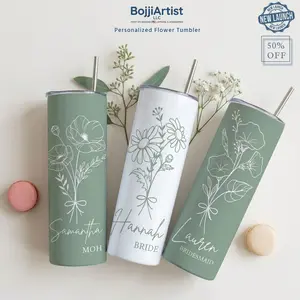 BojjiCo Personalized Flower Tumbler Bridesmaid Proposal Gifts Skinny Stainless Steel Tumblers With Metal Straw Lid Women Bridal Party Bride Maid Of Honor Minimalist Boho Sage Green Aesthetic White Custom Name Cups Bachelorette Drinkware Favors