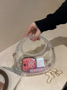 1pc Minimalist and cool artistic style fully transparent acrylic shaped handbag, paired with an integrated hollow handle and slim metal chain crossbody shoulder strap, suitable for women's daily atmosphere styling and casual fashion dressing scenes.