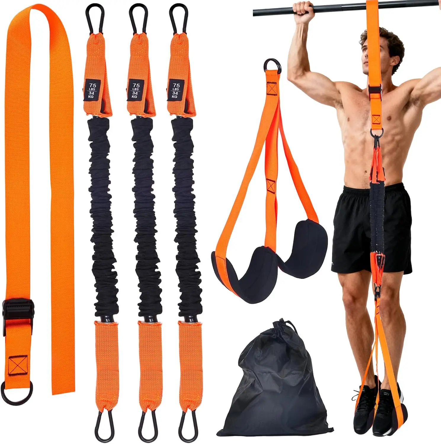 Advanced Pull Up Assist Bands Set, 225 lbs Heavy-duty 3x75lbs Resistance Adjustable Strap & Wide Footplate for Home Gym Outdoor Workout Strength Training Exercise Equipment