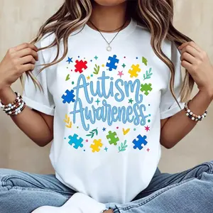 Autism Awareness Puzzle Piece Star Shirt, Casual White Crewneck Tee, Autism Support Event T Shirt