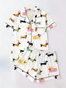 Tiktok Trendy Women's Sleepwear Loungewear Set, Colorful Sausage Dog Print Short Sleeve Shorts, Casual Fitted Two-Piece Pajama Suit for All Seasons