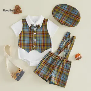 Summer Baby Boys Elegant Checked Suit Shorts Set, Short Sleeve Romper With Plaid Overall Shorts And Hat Summer Outfit