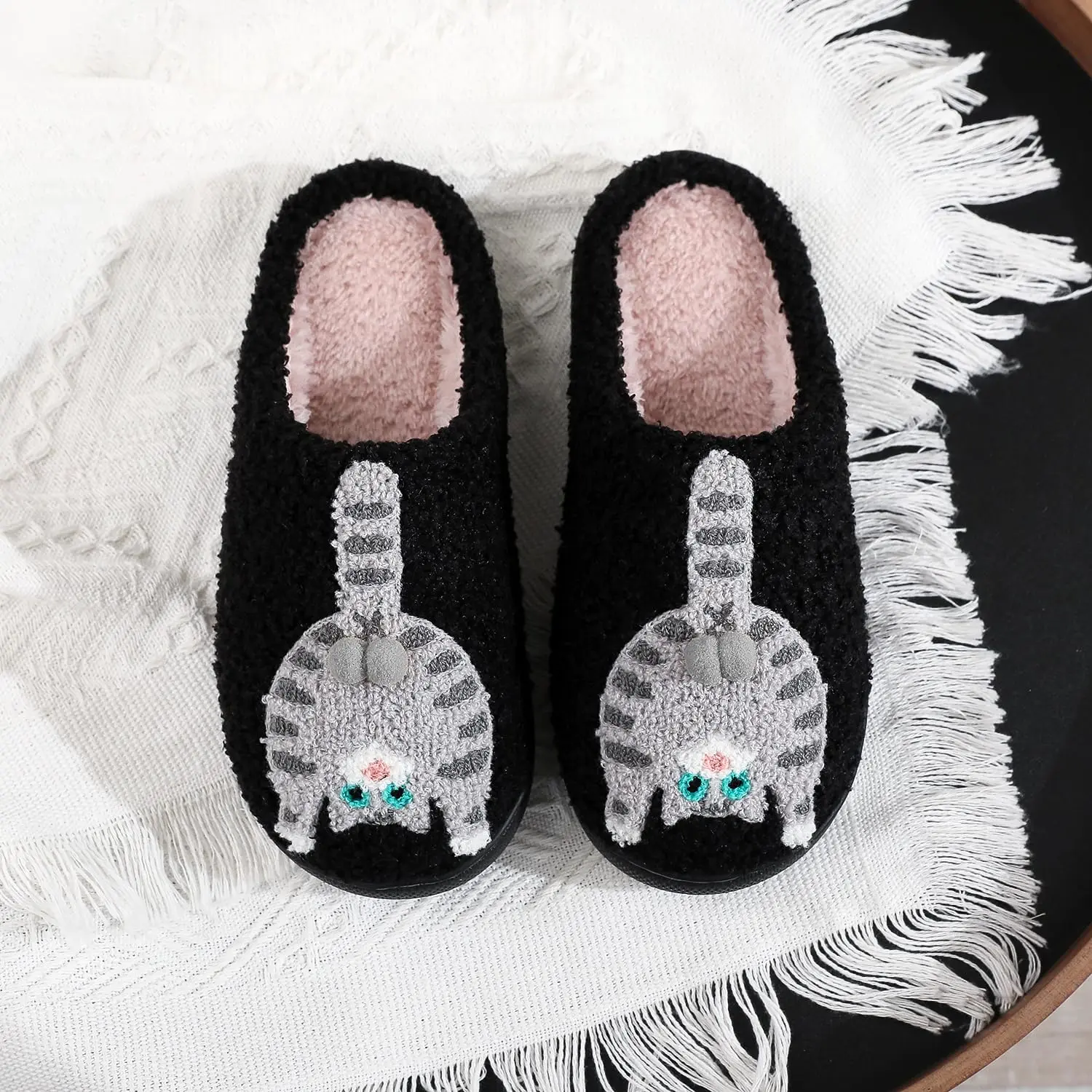 Women's Cute Animal Slippers, Fuzzy Plush Cat and Corgi House Shoes, Warm Non Slip Indoor Slides for Bedroom Winter Gifts
