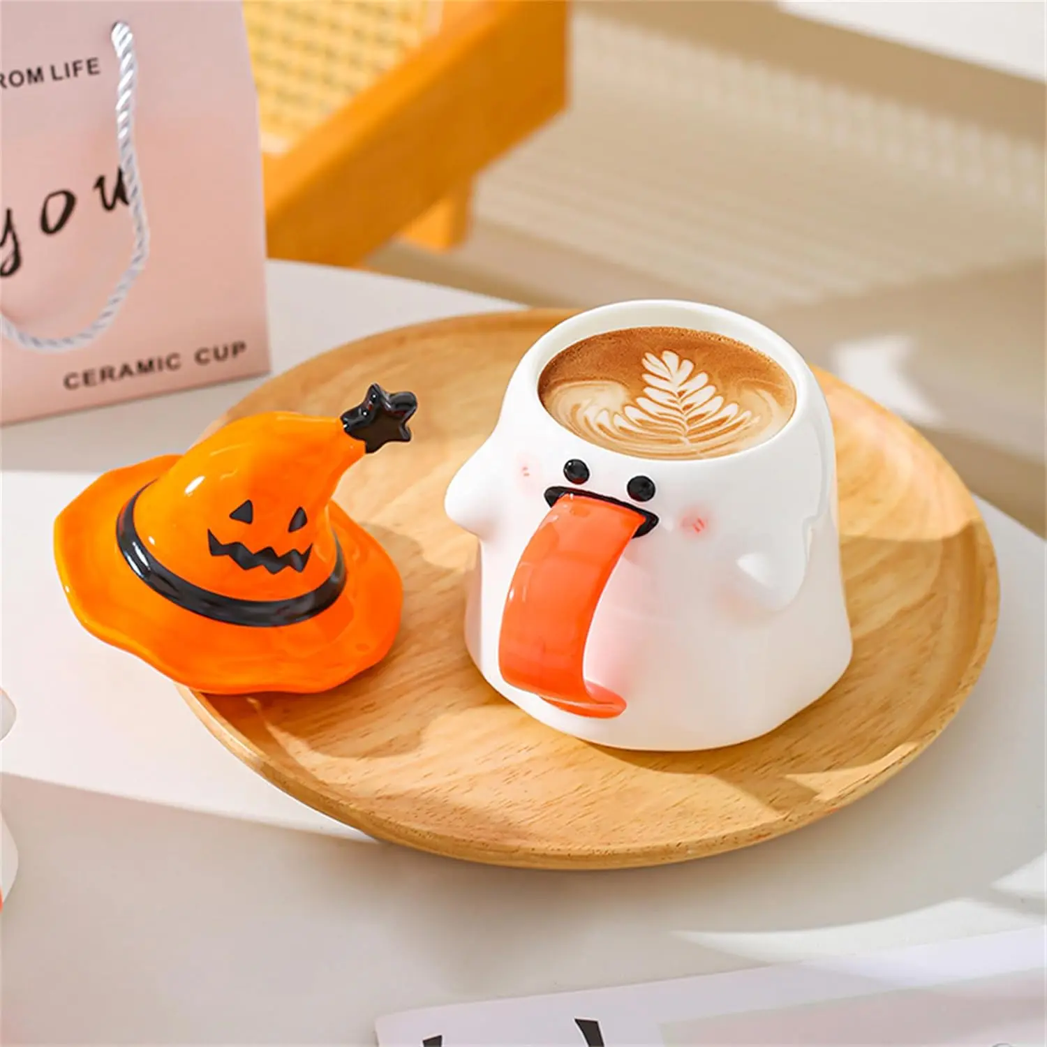 Cute Ghost Ceramic Mug with RemovableWitch Hat Lid and Long Tongue Handle,Halloween Coffee Cup for Tea, Cocoa andHot Drinks, Spooky Season Gift and Home Decor
