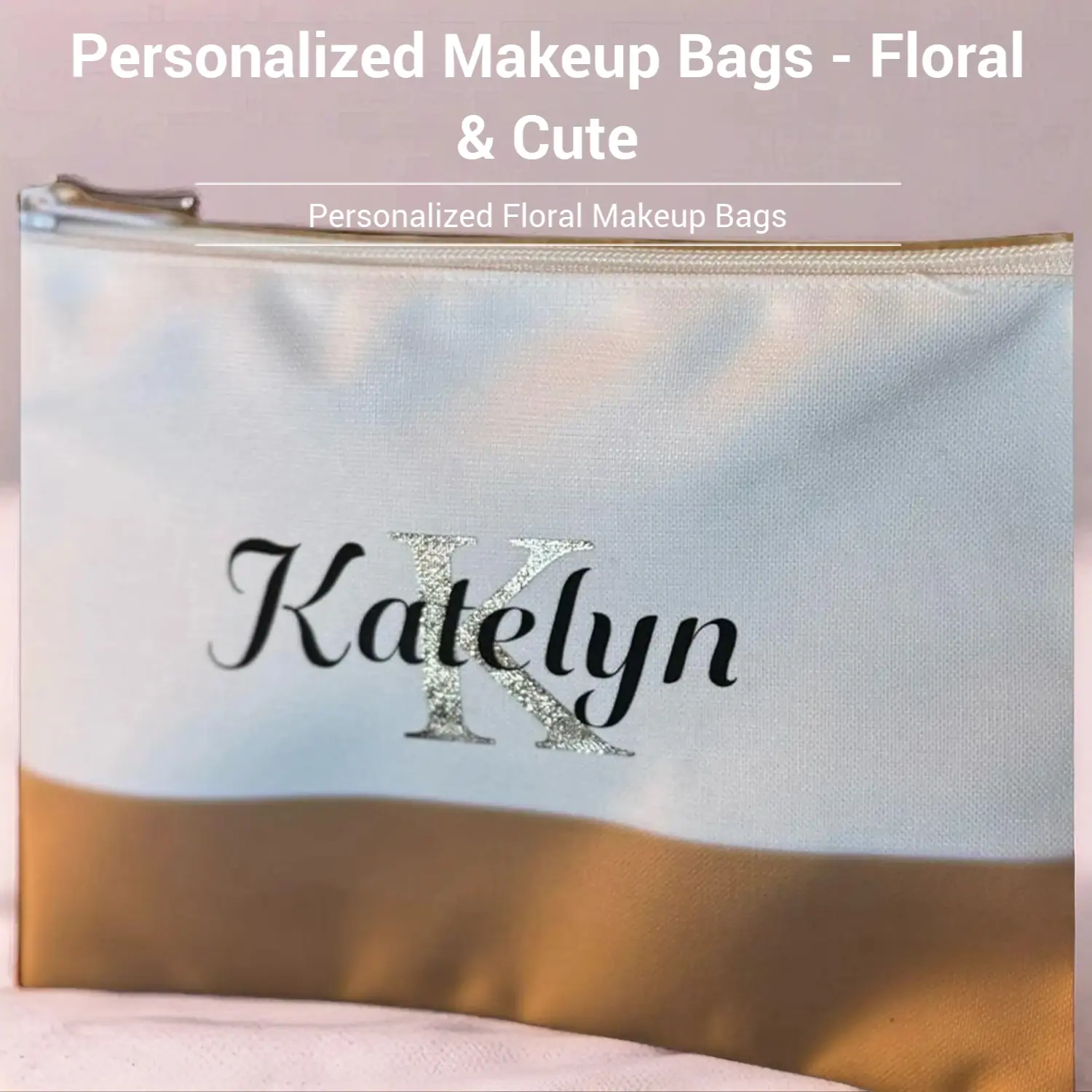Personalized Floral Makeup Bags - Cute & Stylish Cosmetic Storage with Name Embellishment Katelyn 8x6 in Customizable Glittery "K" Design