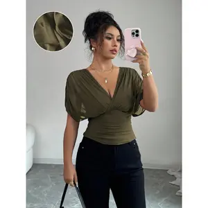 Women's V Neck Ruched Slim Fit Solid Color Blouse, Summer Short Sleeve Fitted Top, Casual Fashion Shirt for Women