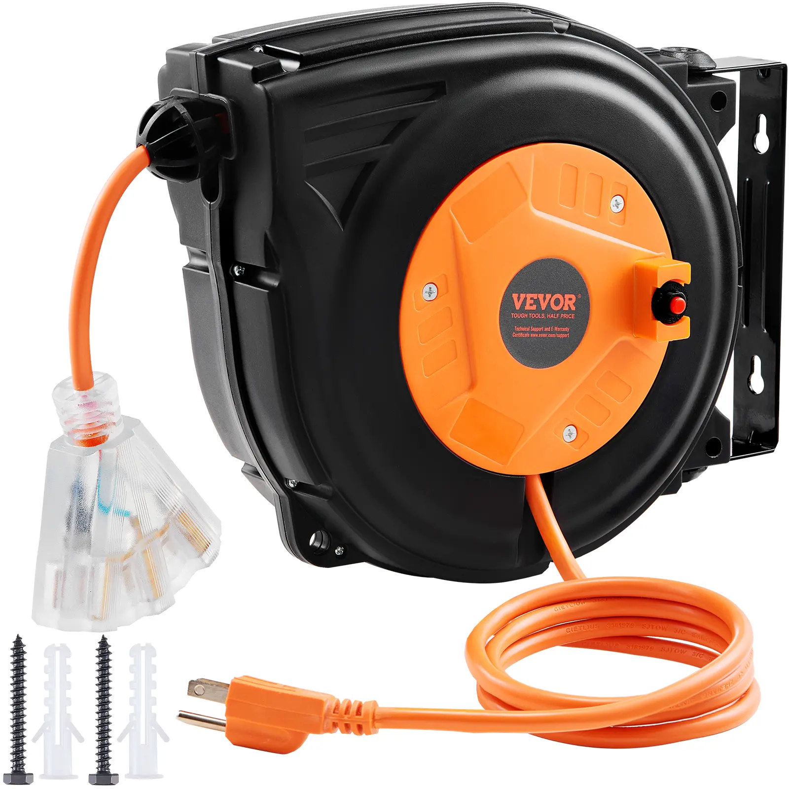 【summerfinds】VEVOR Retractable Extension Cord Reel, 30 FT, Heavy Duty 16AWG/3C SJTOW Power Cord, with Lighted Triple Tap Outlet 10 Amp Circuit Breaker, for Ceiling or Wall Mount Garage and Shop, ETL Listed