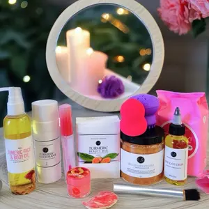 The BIG Everything Bundle (8 oz Scrub) - 9 Luxe Essentials: Turmeric Bar, Spot Control Oil, Brighten Me Scrub, Hair Oil, Turmeric Deodorant, Lip Plumper Glossy Lipgloss, Cosmetic Exfoliator, Makeup Wipes & Handbag To Hydrate & Moisture Skin