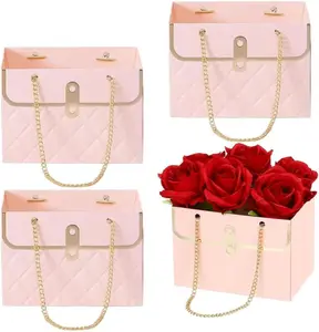 Flower Box Paper Bouquet Storage Bucket, Florist Flower Hand bag with Metal Chain Waterproof for Gifts Wrapping Supplies Bulk Mother's Day Valentine's Day Women's Day (Pink)